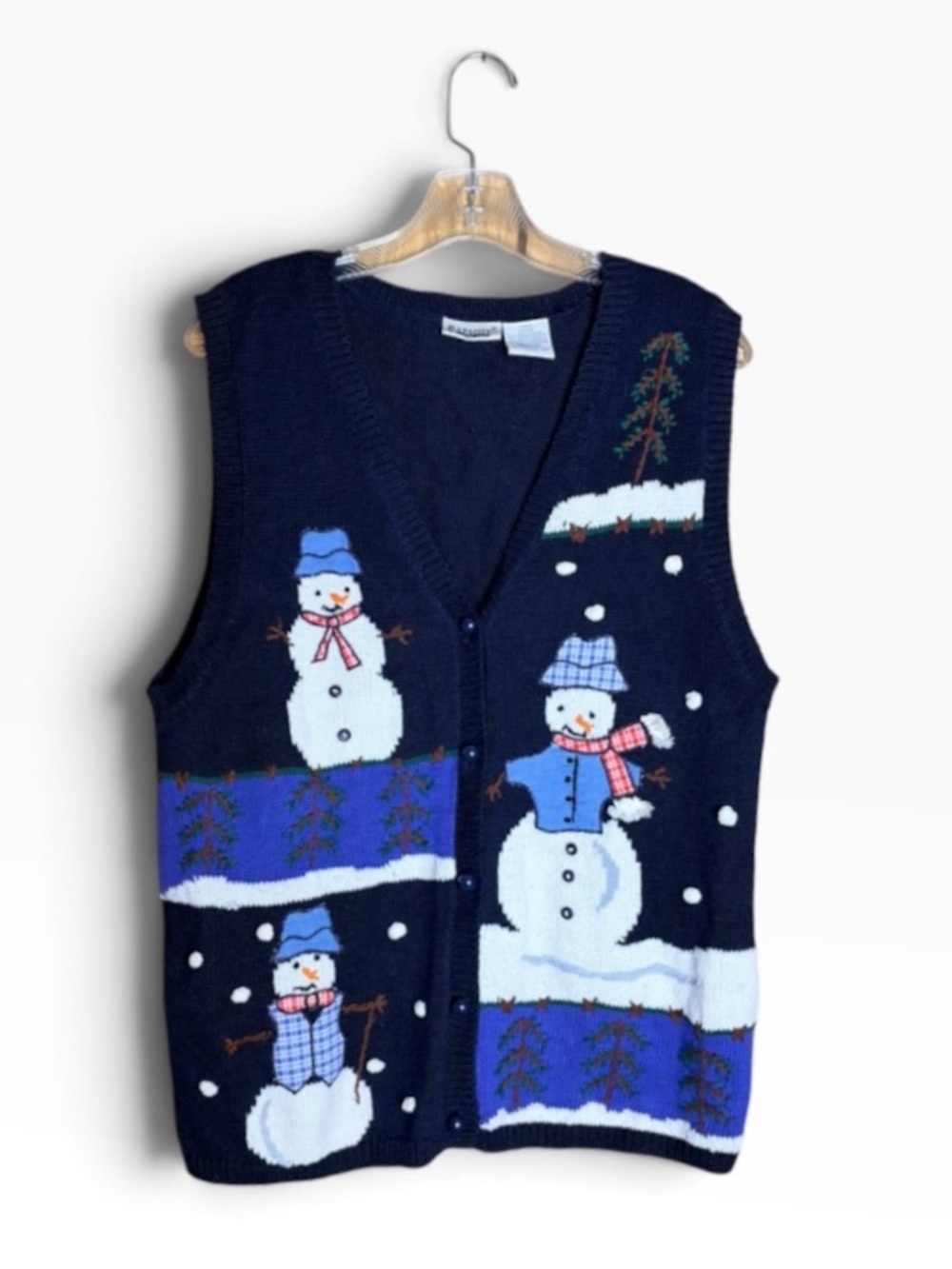 Vintage Capacity Snowman Christmas Sweater Vest Navy Holiday Button Front